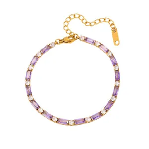 Bracelet élégant en acier inoxydable doré 18 carats avec zircon violet et pierres blanches