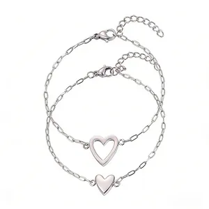 Adjustable hollow heart and solid heart paperclip link bracelets in silver stainless steel