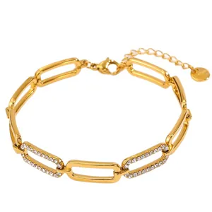 Elegant 18k gold plated stainless steel bracelet with rhinestone rectangle links
