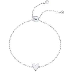 Minimalist stainless steel heart bracelet with adjustable sliding clasp on white background