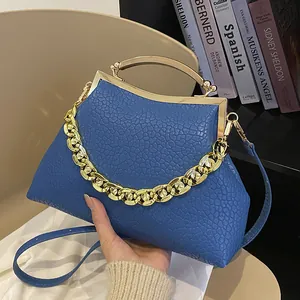 Vintage Dames PU Leer Steenpatroon Crossbodytas Met Gouden Kettingdecoratie Metalen Frame Sluiting Handtas Schoudertas