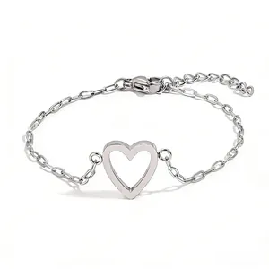 Polished stainless steel adjustable bracelet with a minimalist hollow heart pendant
