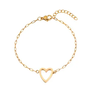 Polished gold hollow heart charm bracelet with adjustable paperclip chain for women