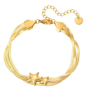 Bracelet triple chaîne serpent en acier inoxydable doré avec pendentifs étoiles et fermoir