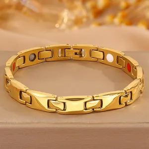 Women Stainless Steel Magnetic Therapy Bracelet Gold Plated Negative Ion Health Care Jewelry High Polished Link Gift
