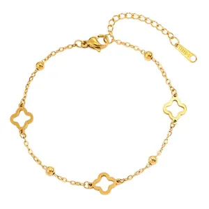 Gold hollow clover and bead stainless steel bracelet for women with adjustable chain