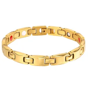 Classic 18k gold plated magnetic stainless steel health bracelet for women on white background
