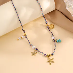 Collier tressé thème océan avec pendentif étoile de mer et perles turquoise pour femme