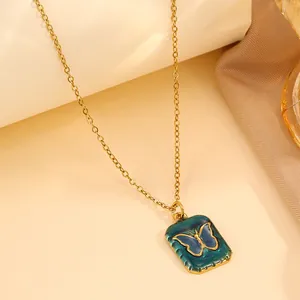Elegant 18k gold plated butterfly square pendant necklace with green enamel for women