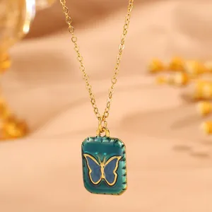 Retro 18k gold plated butterfly pendant necklace with dark green enamel finish