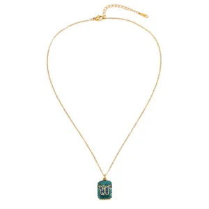 18k gold plated titanium steel necklace with green enamel butterfly square pendant