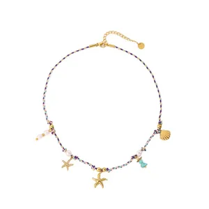 Collier tressé coloré avec breloques étoile de mer coquillage et perles pour la plage
