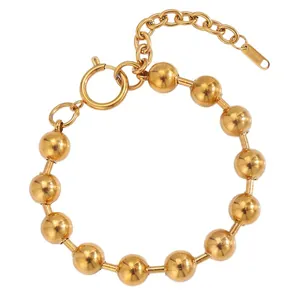 Polished 18k gold plated stainless steel bead bracelet with spring ring clasp