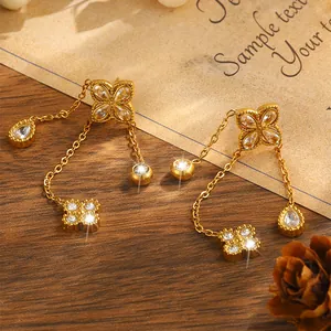 Luxury Stainless Steel Four-Leaf Clover Tassel Drop Earrings Gold Plated Zirconia Inlaid Elegant Fashion Jewelry For Women