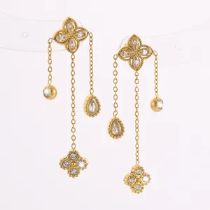 Detailed view of gold four-leaf clover tassel earrings with sparkling zircon gemstones
