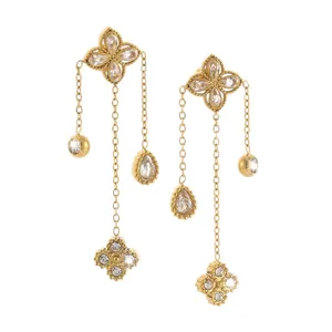 Elegant gold titanium steel four-leaf clover tassel earrings with sparkling rhinestones