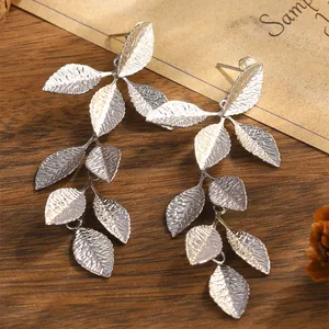 Vintage Nature Style Silver Leaf Tassel Drop Earrings For Women Textured Titanium Steel Long Botanical Earrings Jewelry Gift