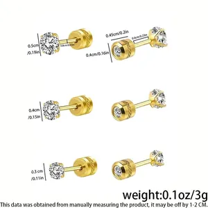 Detaillierte Ansicht goldener Titanstahl-Ohrstecker mit Zirkonia in 3mm, 4mm und 5mm