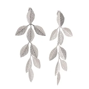 Elegant silver leaf tassel drop earrings with detailed vintage metallic leaf texture