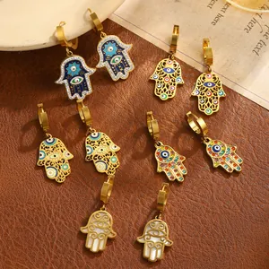 Vintage Gold Edelstahl Hand Der Fatima Böser Blick Ohrringe Für Damen Hohl Emaille Strass Bohemian Creolen Schmuck Geschenk