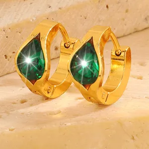 Gold-plated stainless steel hoop earrings featuring drop-shaped green zircon crystals