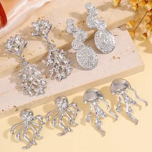 Boucles d'oreilles en acier inoxydable thème marin avec motifs corail et pieuvre argent