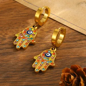 Vintage Hamsa Hand Creolen mit bunten Strasssteinen und Evil Eye Anhänger in Gold-Finish