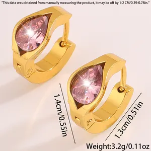 Macro view of gold-plated hoop earrings featuring pink pear-cut zircon stones with dimensions