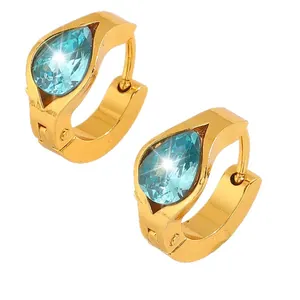 Luxury gold plated stainless steel hoop earrings with teardrop blue zircon stones