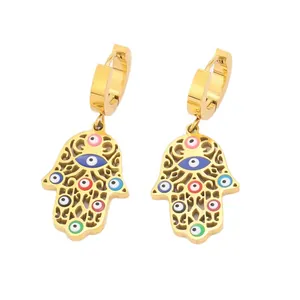 Goldene Hamsa-Hand-Ohrringe mit bunten Evil-Eye-Anhängern aus hochwertigem Edelstahl