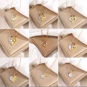 Titanium Steel Heart Key Splicing Pendant Necklace Set Couples Women Gold Silver Plated Rhinestone Dolphin Lock Key Jewelry