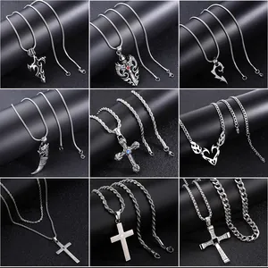 Men Hip Hop Stainless Steel Wolf Tooth Cross Pendant Necklace Vintage Gothic Punk Dragon Head Chain Jewelry Gift For Men