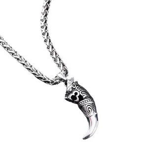 Vintage wolf tooth pendant necklace in retro silver stainless steel for men