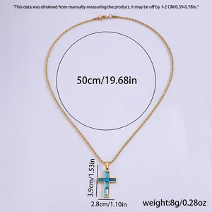Maßangaben für goldene Kordelkette mit blauem Kreuzanhänger und detaillierten Maßen