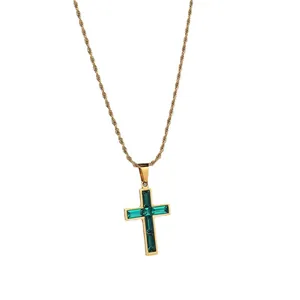 Vintage Kreuzkette in Gold mit grünen Kristallen und Kordelkette für Damen