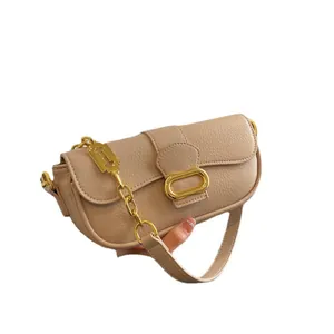 Bolso elegante de cuero litchi albaricoque con hebilla dorada y asa de cadena gruesa