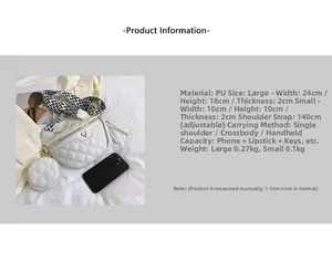 Detailed size chart and product parameters for white quilted PU shoulder bag set