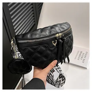 Quilted Rhombus PU Leather Waist Bag For Women Gold Deer Logo Tassel Chest Bag With Round Coin Purse Wide Geometric Strap