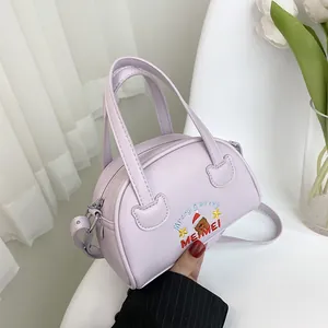 Chic lavender PU leather crossbody bag with cute bear embroidery and dual handles