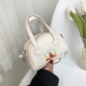 Retro milk white Boston crossbody bag with cute bear embroidery and dual handles