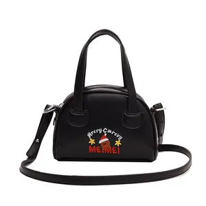 Retro black Boston style handbag with Christmas bear embroidery and shoulder strap