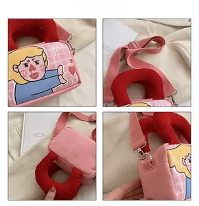 Detail shots of pink plaid canvas crossbody bag with red corduroy handle and cartoon print
