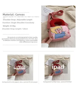 Pink canvas crossbody bag featuring manga character print with detailed size specifications