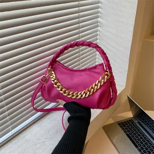 Women's Fashion PU Leather Chain Shoulder Bag Woven Handle Crossbody Bag Casual Cloud Dumpling Handbag Evening Purse