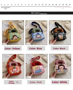 Detail view of six colorful cartoon canvas crossbody mini bags with adjustable straps