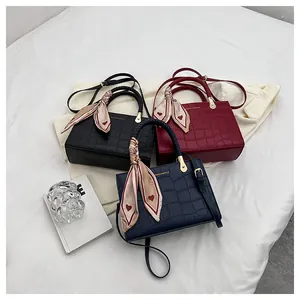 Chic croc-effect leather handbags in black, burgundy and navy with stylish silk scarves