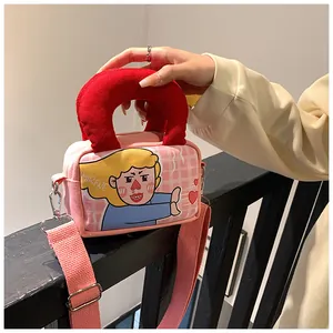 Pink checkered canvas bag featuring a plush red handle and cute character print