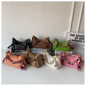 Litchi pattern leather handbags with silk scarf wrapped chain straps in multiple colors
