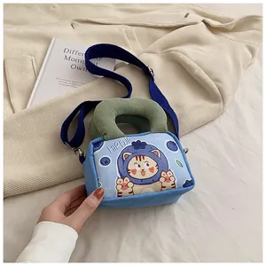 Japanese style blue canvas tote bag with cute tiger graphic and green corduroy handles