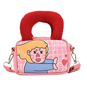 Pink checkered canvas crossbody bag with cartoon illustration and red corduroy handle
